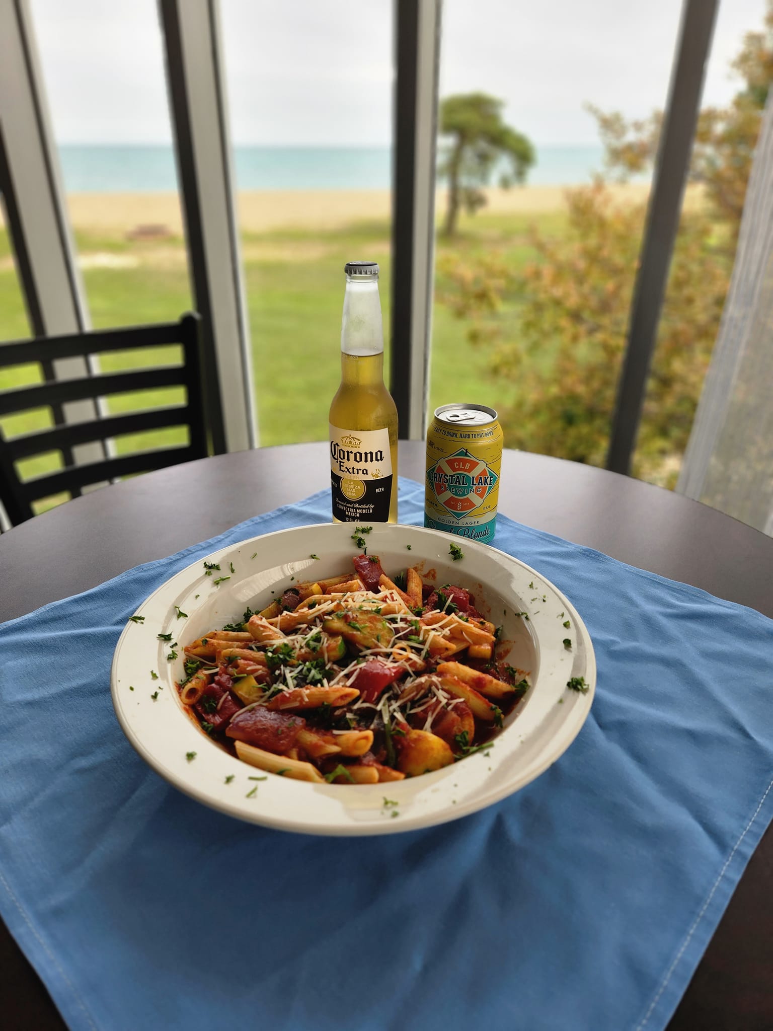 Red Pasta dish with a corona.