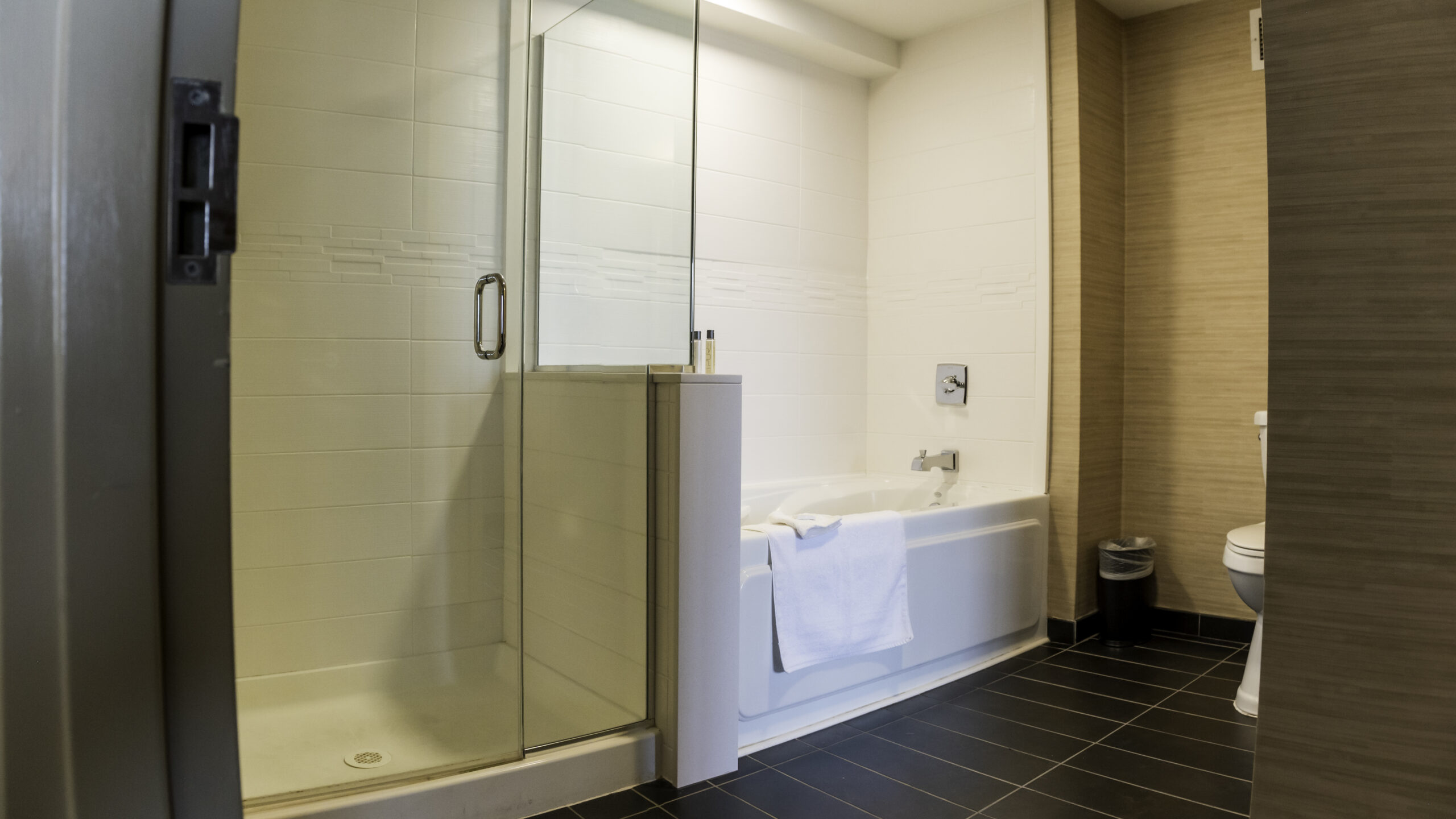 Bathroom with a sit in tub and standing shower to the left.