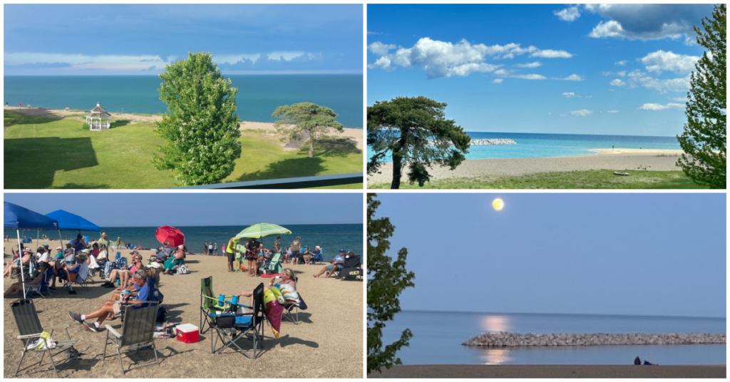 Illinois Beach Hotel collage photo including hotel balcony view, ground view of the beach and an image of people sitting in beach chairs with umbrellas on the sandy beach.